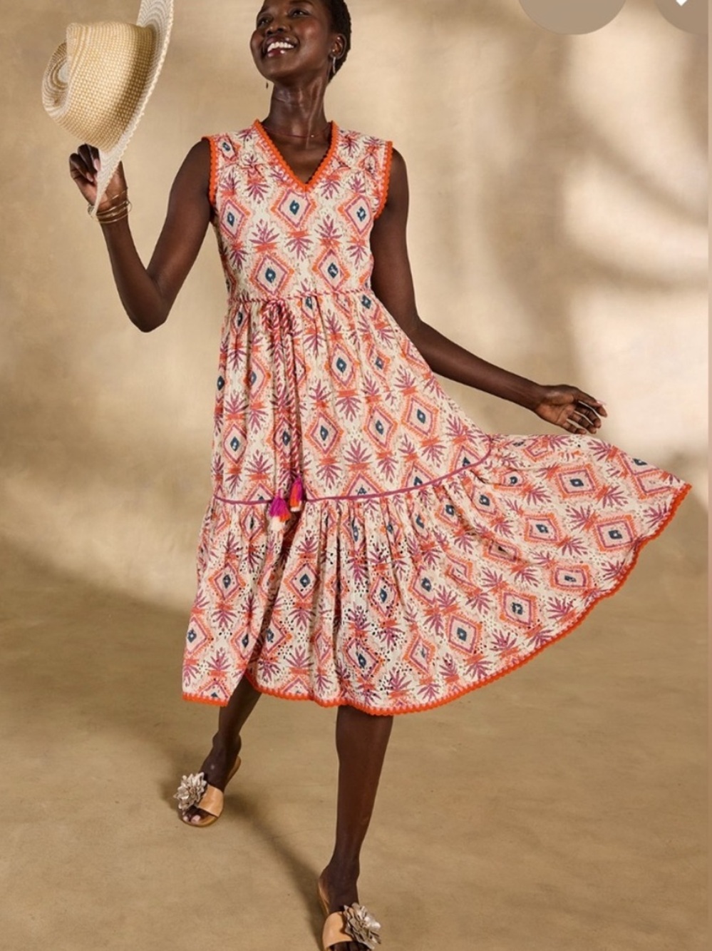 Sundance Annetta Dress Embroidered Cotton Sleeveless Midi Tiered Eyelet sz L